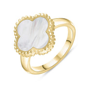 18ct Yellow Gold WHITE MOP Bloom Four Leaf Clover Ball Edge Ring, R1264 