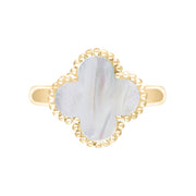 18ct Yellow Gold White Mother of Pearl Bloom Four Leaf Clover Ball Edge Ring