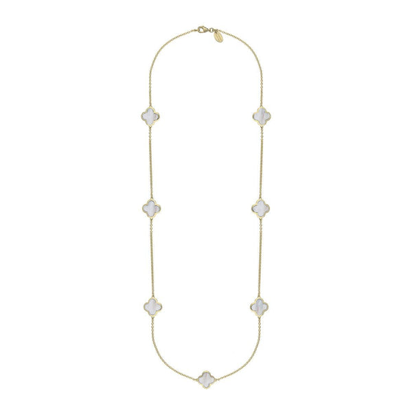 18ct Yellow Gold WHITE MOP Bloom Four Leaf Clover Long Necklace, N1129