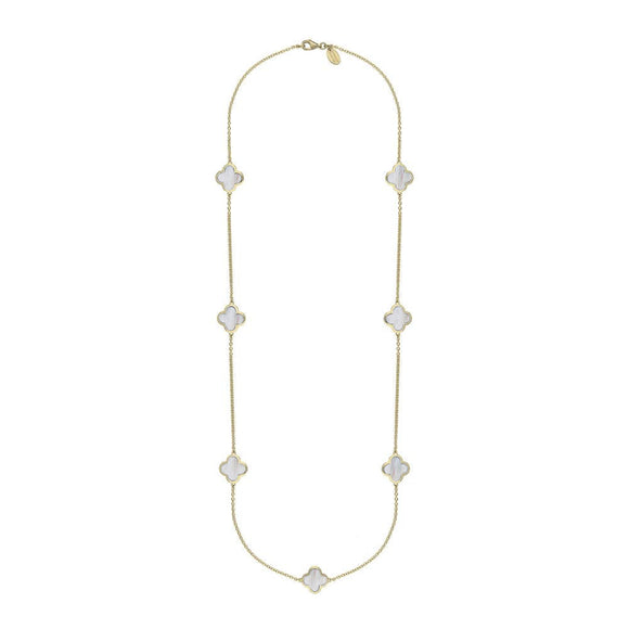 18ct Yellow Gold WHITE MOP Bloom Four Leaf Clover Long Necklace, N1129