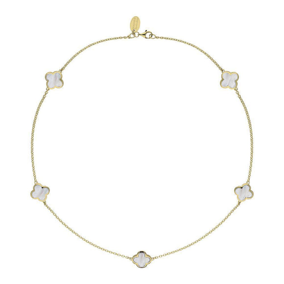 18ct Yellow Gold White Mother of Pearl Bloom Four Leaf Clover Necklace