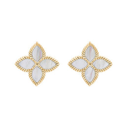 18ct Yellow Gold WHITE MOP Bloom Marquise Flower Stud Earrings