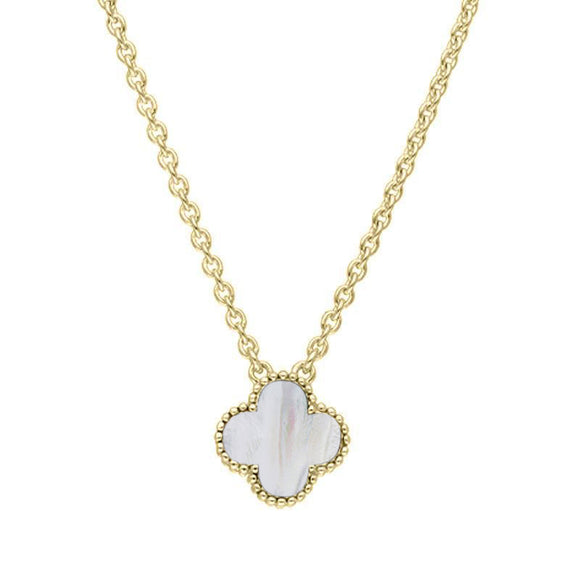 18ct Yellow Gold White Mother of Pearl Bloom Small Four Leaf Clover Ball Edge Chain Necklet