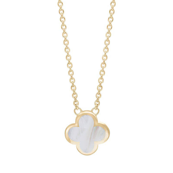 18ct Yellow Gold White Mother of Pearl Bloom Small Four Leaf Clover Polished Edge Pendant