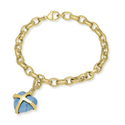 18ct Yellow Gold Aquamarine Medium Cross Heart Charm Bracelet, B1210
