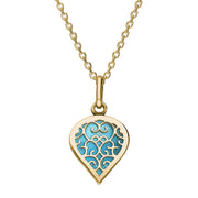 18ct Yellow Gold Turquoise Flore Filigree Small Heart Necklace. P3629.
