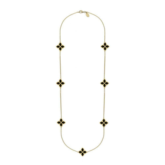 18ct Yellow Gold Whitby Jet Bloom Long Flower Ball Edge Necklace, N1157