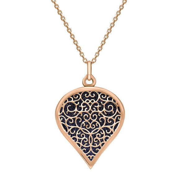 18ct Rose Gold Blue Goldstone Flore Filigree Large Heart Necklace. P3631.