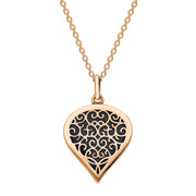 18ct Rose Gold Blue Goldstone Flore Filigree Medium Heart Necklace. P3630.