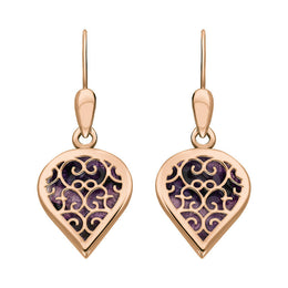 18ct Rose Gold Blue John Flore Filigree Heart Drop Earrings. E2588.