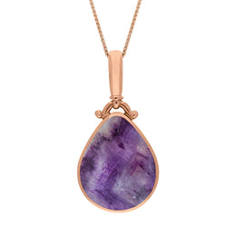 18ct Rose Gold Blue John Mother of Pearl Double Sided Pear Fob Necklace, P056.