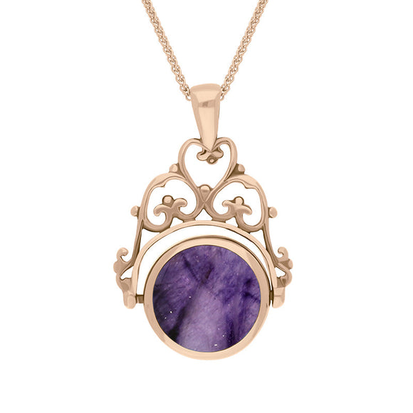 18ct Rose Gold Blue John Mother Of Pearl Double Sided Round Swivel Fob Necklace, P110_2_2.