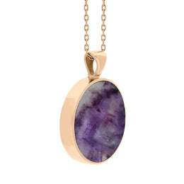 18ct Rose Gold Blue John Mother Of Pearl Large Double Sided Round Fob Necklace, P012_3.
