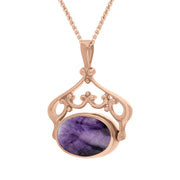 18ct Rose Gold Blue John Mother Of Pearl Ornate Double Sided Oval Swivel Fob Necklace, P116_8_3.