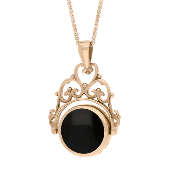 18ct Rose Gold Blue John Whitby Jet Double Sided Round Swivel Fob Necklace, P110_2_3.