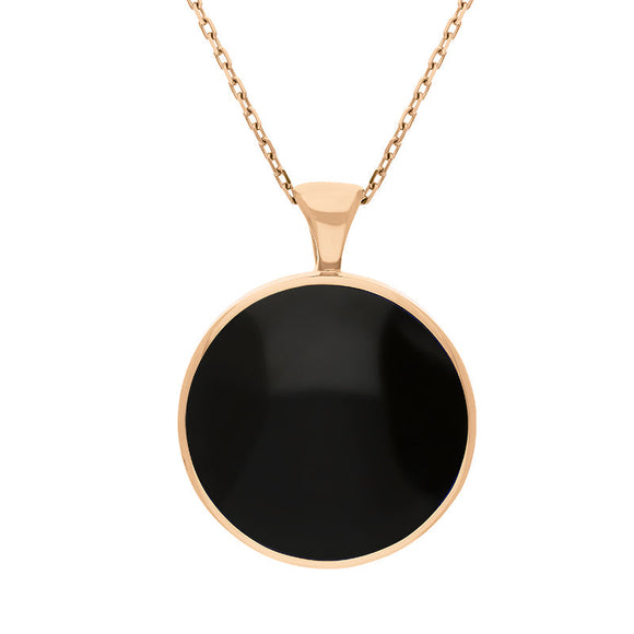 18ct Rose Gold Blue John Whitby Jet Large Double Sided Round Fob Necklace, P012.