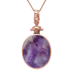 18ct Rose Gold Blue John White Mother Of Pearl Double Sided Oval Fob Necklace, P100.