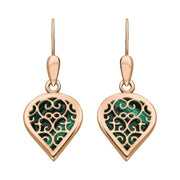 18ct Rose Gold Malachite Flore Filigree Heart Drop Earrings. E2588.