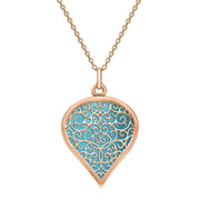 18ct Rose Gold Turquoise Flore Filigree Large Heart Necklace. P3631.