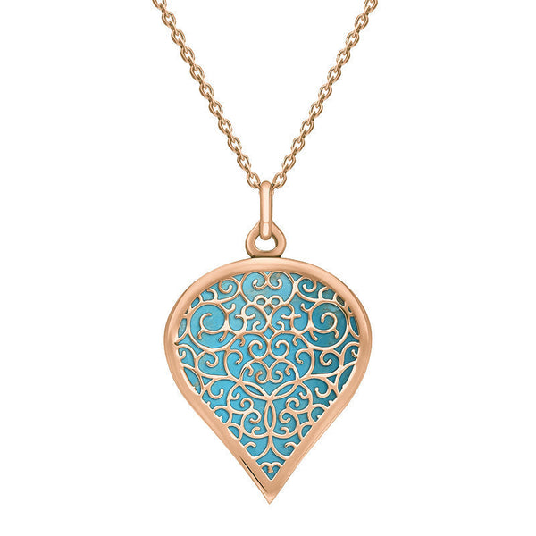 18ct Rose Gold Turquoise Flore Filigree Large Heart Necklace. P3631.
