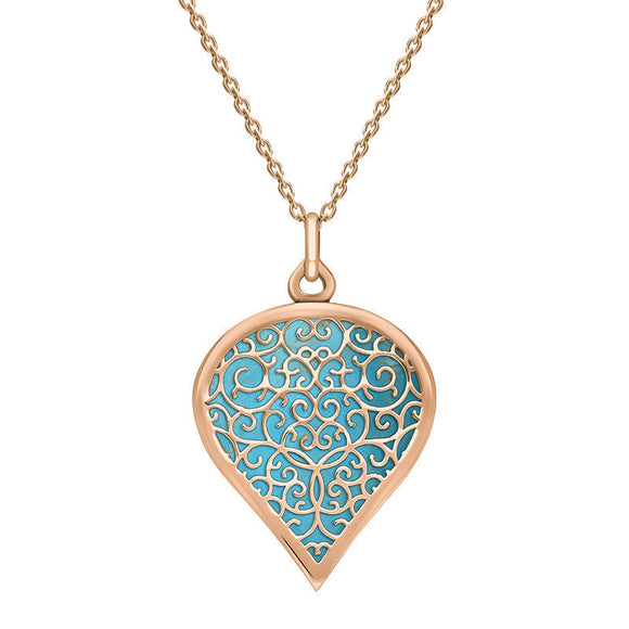 18ct Rose Gold Turquoise Flore Filigree Large Heart Necklace. P3631.