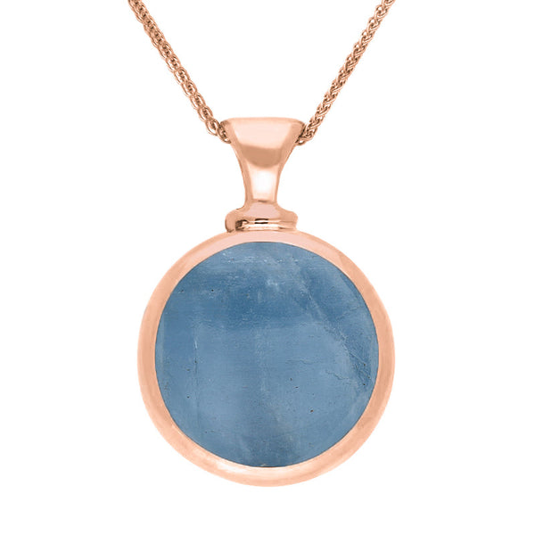 18ct Rose Gold Whitby Jet Aquamarine Double Sided Round Dinky Fob Necklace, P218.