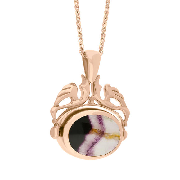 18ct Rose Gold Whitby Jet Blue John Double Sided Oval Swivel Fob Necklace, P104_4_3.