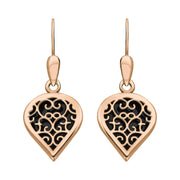 18ct Rose Gold Whitby Jet Flore Filigree Heart Drop Earrings. E2588.