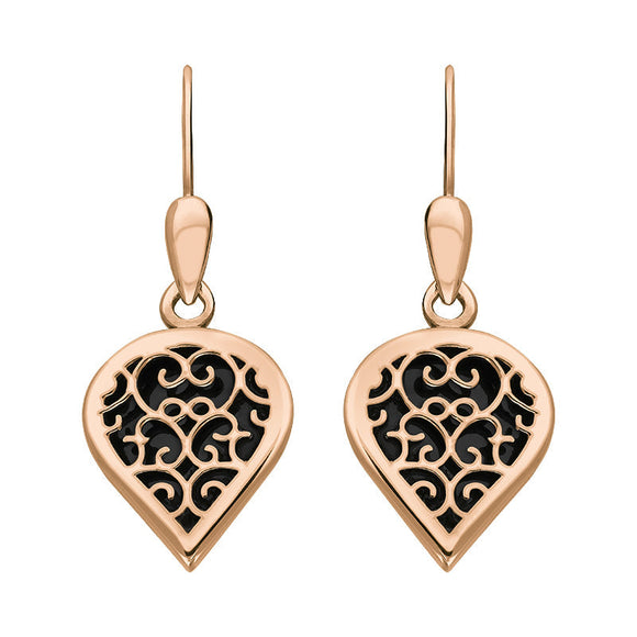 18ct Rose Gold Whitby Jet Flore Filigree Heart Drop Earrings. E2588.