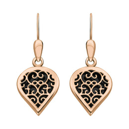 18ct Rose Gold Whitby Jet Flore Filigree Heart Drop Earrings. E2588.