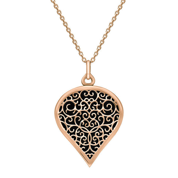 18ct Rose Gold Whitby Jet Flore Filigree Large Heart Necklace. P3631.