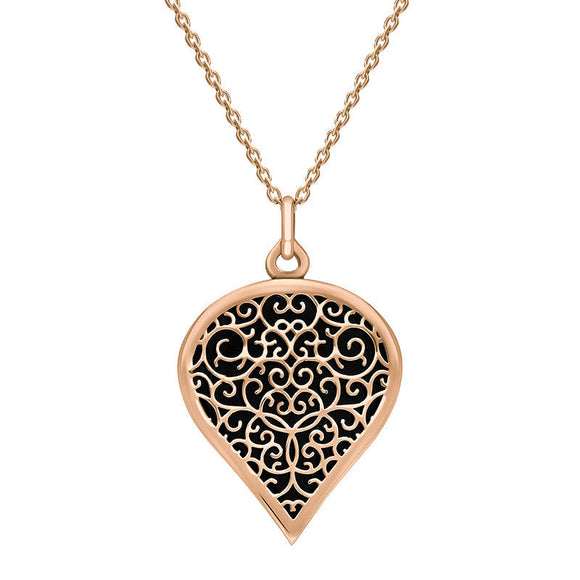 18ct Rose Gold Whitby Jet Flore Filigree Large Heart Necklace. P3631.