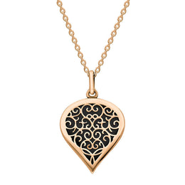 18ct Rose Gold Whitby Jet Flore Filigree Medium Heart Necklace. P3630.