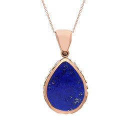 18ct Rose Gold Whitby Jet Lapis Lazuli Double Sided Celtic Edge Pear Cut Fob Necklace, P410.
