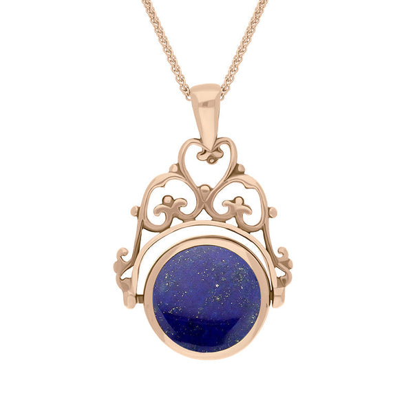 18ct Rose Gold Whitby Jet Lapis Lazuli Double Sided Round Swivel Fob Necklace, P110_2.