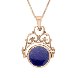18ct Rose Gold Whitby Jet Lapis Lazuli Double Sided Round Swivel Fob Necklace, P110_2.