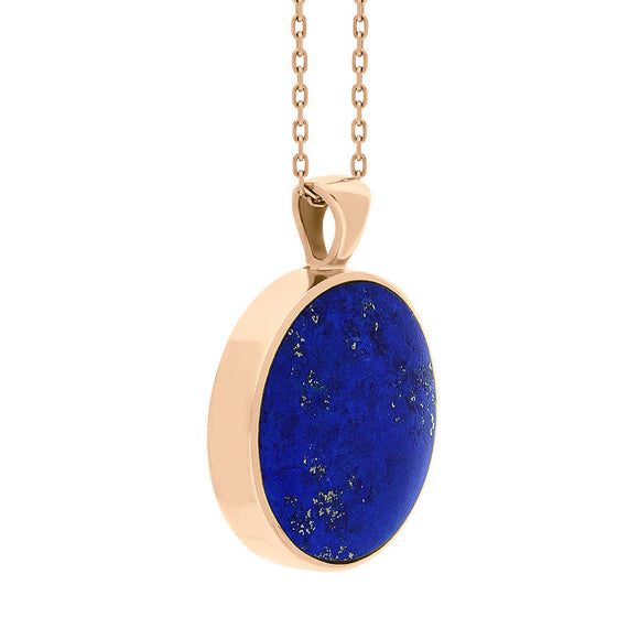 18ct Rose Gold Whitby Jet Lapis Lazuli Large Double Sided Round Fob Necklace, P012_3.