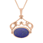 18ct Rose Gold Whitby Jet Lapis Lazuli Ornate Double Sided Oval Swivel Fob Necklace, P116_8.