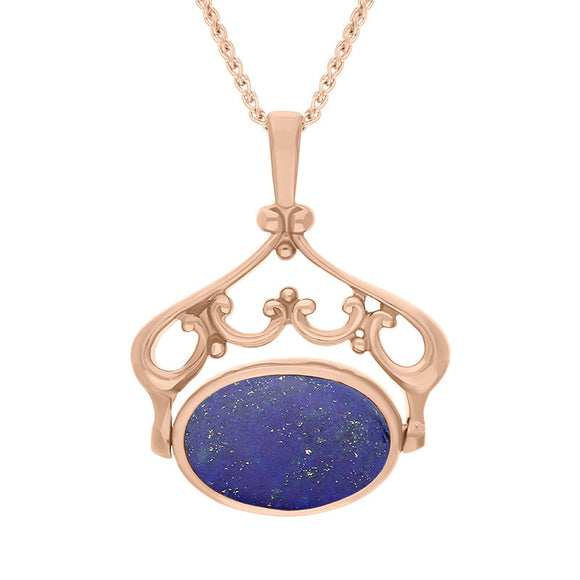 18ct Rose Gold Whitby Jet Lapis Lazuli Ornate Double Sided Oval Swivel Fob Necklace, P116_8.