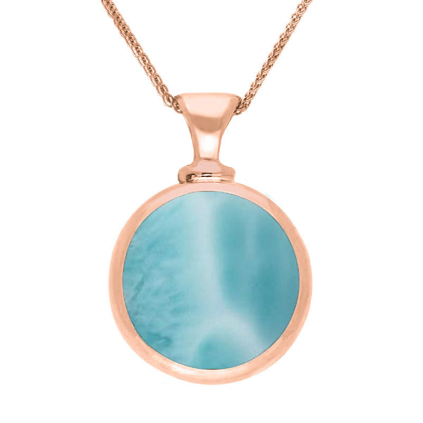 18ct Rose Gold Whitby Jet Larimar Double Sided Round Dinky Fob Necklace, P218.