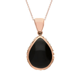 18ct Rose Gold Whitby Jet Malachite Double Sided Celtic Edge Pear Cut Fob Necklace, P410_2.