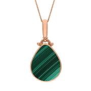 18ct Rose Gold Whitby Jet Malachite Double Sided Pear Fob Necklace, P056.