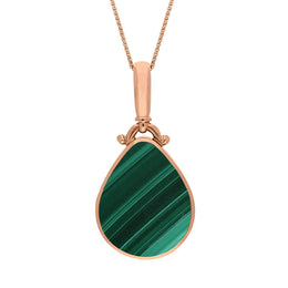 18ct Rose Gold Whitby Jet Malachite Double Sided Pear Fob Necklace, P056.