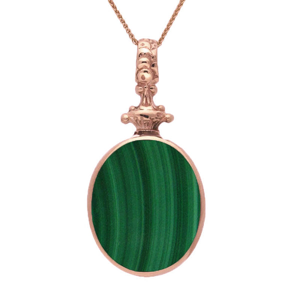 18ct Rose Gold Whitby Jet Malachite Double Sided Oval Fob Necklace, P100.