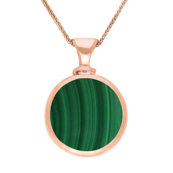 18ct Rose Gold Whitby Jet Malachite Double Sided Round Dinky Fob Necklace, P218.