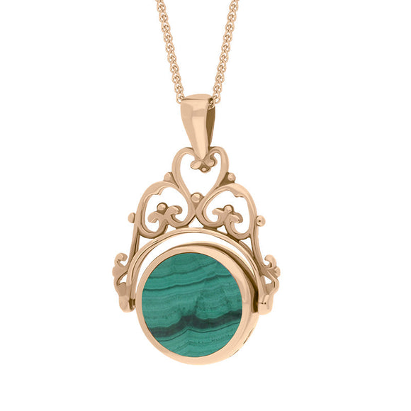 18ct Rose Gold Whitby Jet Malachite Double Sided Round Swivel Fob Necklace, P110_2_3.