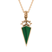 18ct Rose Gold Whitby Jet Malachite Double Sided Scroll Top Dagger Fob Necklace, P423.