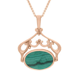18ct Rose Gold Whitby Jet Malachite Ornate Double Sided Oval Swivel Fob Necklace, P116_8.