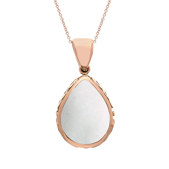 18ct Rose Gold Whitby Jet White Mother Of Pearl Double Sided Celtic Edge Pear Cut Fob Necklace, P410.