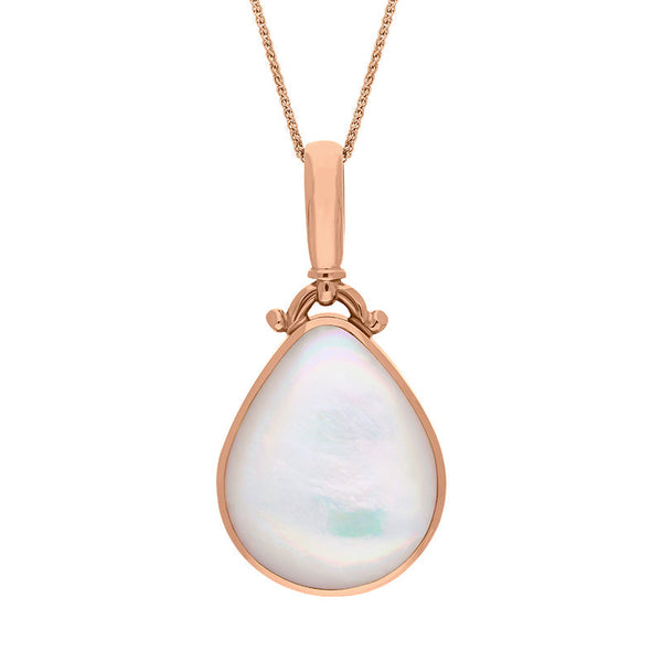 18ct Rose Gold Whitby Jet Mother of Pearl Double Sided Pear Fob Necklace, P056.
